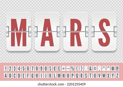 Narrow airport terminal white mechanical scoreboard font for flight destination or arrival info. Vector illustration. Retro airline flip board alphabet to display departure to Mars red planet