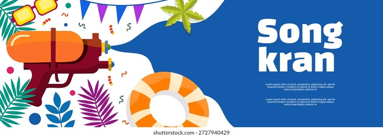 layout de banner estreito com acessórios de verão pistola de água e boia de vida branca