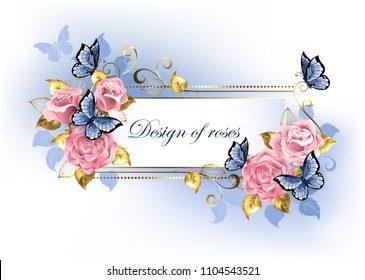 Narrow banner with pink roses, blue and gold leaves with blue butterflies on white background.