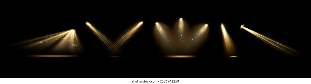 Conjunto de focos de haz estrecho, efecto de luz con partículas Pequeñas brillantes o polvo. Vector colección de puntos de seguimiento y puntos destacados. Espectáculo de teatro, conciertos y producción cinematográfica iluminadora