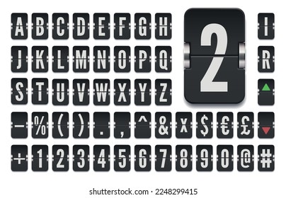 Narrow black flip board font with numbers for showing stock exchange rates information. Airport terminal mechanical scoreboard alphabet to display financial markets vector illustration.