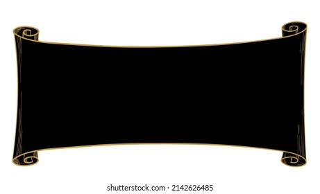 Narrow black paper scroll with golden outline, ancient form of solemn papyrus with space for text, vector graphics, engraving. Hand drawn boho illustration for vintage design, banner with place for