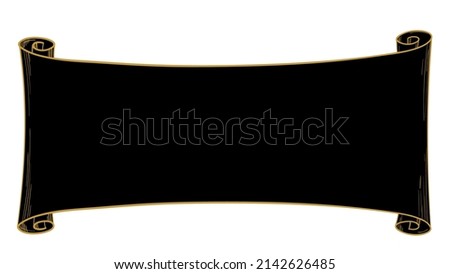 Narrow black paper scroll with golden outline, ancient form of solemn papyrus with space for text, vector graphics, engraving. Hand drawn boho illustration for vintage design, banner with place for