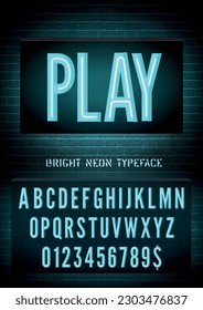 Narrow blue neon box font with numbers on dark brick wall background. Vector play night light box sign