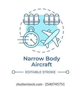 Narrow body aircraft soft blue concept icon. Customer service, comfort. Tourism, travelling. Round shape line illustration. Abstract idea. Graphic design. Easy to use in infographic, presentation