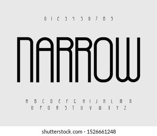 Narrow bold font with thin tall letters. Contemporary sans serif typeface, uppercase symbols and numbers set. Stylish lettering isolated on grey background. Minimalist elegant typography pack