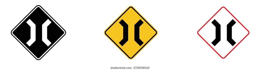 Vetor de ícone de aviso de avanço de ponte estreita. símbolo de cuidado de estrada estreita. ilustração vetorial.