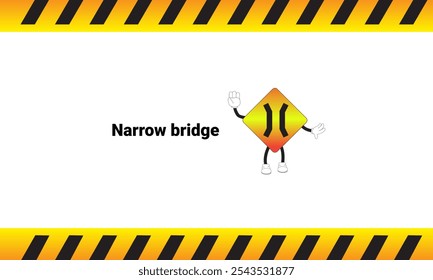 Narrow bridge sign graphic vector illustration with cartoon characters. Graphic design is suitable for children's education, story books, or traffic safety materials. vector illustration