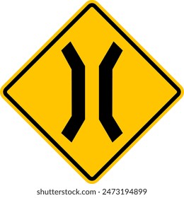 Narrow bridge sign. Warning road sign. Rhombus road sign. Careful on the narrow bridge. Warning diamond shaped yellow road sign.