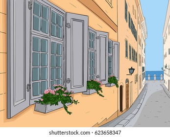 Narrow city street with flowers in window boxes. Colored sketch. Vector illustration 