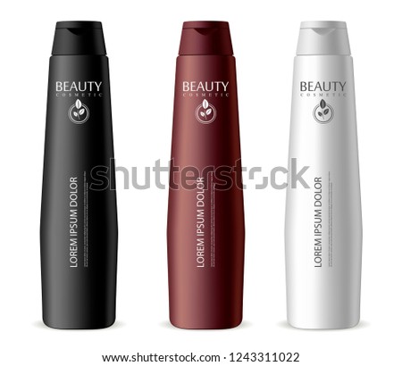 Narrow cosmetic bottles mockup set. Different color: black, white and broun jars for shampoo, moisturizer, hair mask, lotion. 3d vector packaging.