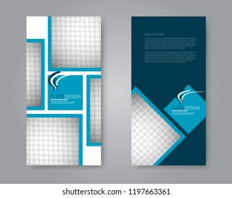 Narrow flyer and leaflet design. Set of two side brochure templates. Vertical banners. Blue color. Vector illustration mockup.