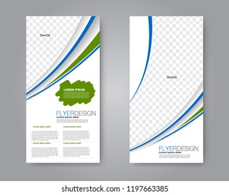 Narrow flyer and leaflet design. Set of two side brochure templates. Vertical banners. Blue and green color. Vector illustration mockup.