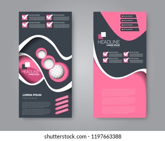 Narrow flyer and leaflet design. Set of two side brochure templates. Vertical banners. Pink and grey color. Vector illustration mockup.