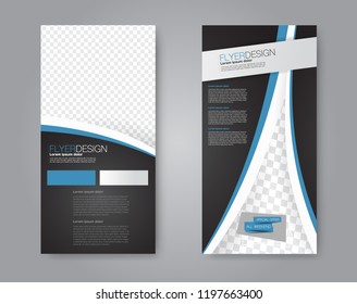 Narrow flyer and leaflet design. Set of two side brochure templates. Vertical banners. Black and blue color. Vector illustration mockup.