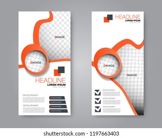 Narrow flyer and leaflet design. Set of two side brochure templates. Vertical banners. Orange color. Vector illustration mockup.