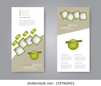 Narrow flyer and leaflet design. Set of two side brochure templates. Vertical banners. Green color. Vector illustration mockup.