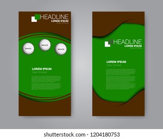 Narrow flyer and leaflet design. Set of two side brochure templates. Vertical banners. Brown and green color. Vector illustration mockup.