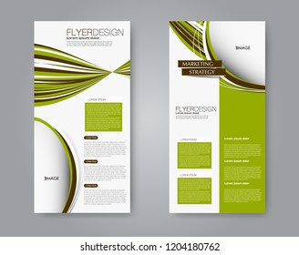 Narrow flyer and leaflet design. Set of two side brochure templates. Vertical banners. Brown and green color. Vector illustration mockup.