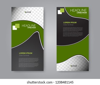 Narrow flyer and leaflet design. Set of two side brochure templates. Vertical banners. Black and green color. Vector illustration mockup.
