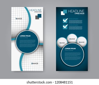 Narrow flyer and leaflet design. Set of two side brochure templates. Vertical banners. Blue color. Vector illustration mockup.