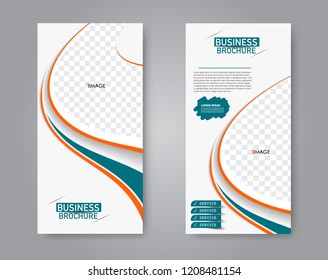 Narrow flyer and leaflet design. Set of two side brochure templates. Vertical banners. Orange and green color. Vector illustration mockup.