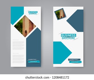 Narrow flyer and leaflet design. Set of two side brochure templates. Vertical banners. Blue color. Vector illustration mockup.