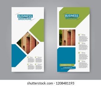 Narrow flyer and leaflet design. Set of two side brochure templates. Vertical banners. Blue and green color. Vector illustration mockup.