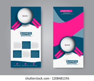 Narrow flyer and leaflet design. Set of two side brochure templates. Vertical banners. Blue and pink color. Vector illustration mockup.