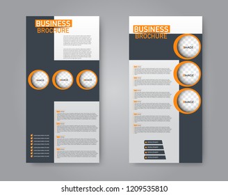 Narrow flyer and leaflet design. Set of two side brochure templates. Vertical banners. Orange and grey color. Vector illustration mockup.