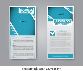 Narrow flyer and leaflet design. Set of two side brochure templates. Vertical banners. Blue color. Vector illustration mockup.