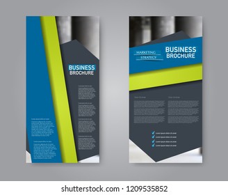 Narrow flyer and leaflet design. Set of two side brochure templates. Vertical banners. Blue and green color. Vector illustration mockup.