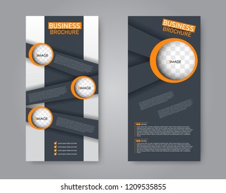 Narrow flyer and leaflet design. Set of two side brochure templates. Vertical banners. Orange and grey color. Vector illustration mockup.