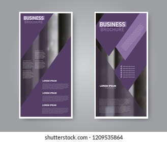 Narrow flyer and leaflet design. Set of two side brochure templates. Vertical banners. Purple color. Vector illustration mockup.