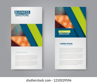 Narrow flyer and leaflet design. Set of two side brochure templates. Vertical banners. Blue and green color. Vector illustration mockup.