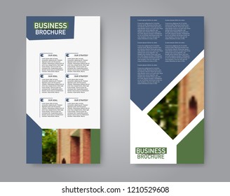 Narrow flyer and leaflet design. Set of two side brochure templates. Vertical banners. Blue and green color. Vector illustration mockup.