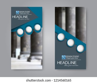 Narrow flyer and leaflet design. Set of two side brochure templates. Vertical banners. Blue color. Vector illustration mockup.