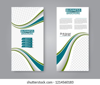 Narrow flyer and leaflet design. Set of two side brochure templates. Vertical banners. Blue and green color. Vector illustration mockup.