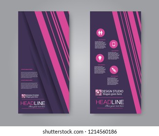 Narrow flyer and leaflet design. Set of two side brochure templates. Vertical banners. Purple color. Vector illustration mockup.