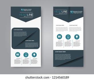 Narrow flyer and leaflet design. Set of two side brochure templates. Vertical banners. Blue color. Vector illustration mockup.