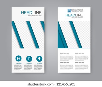 Narrow flyer and leaflet design. Set of two side brochure templates. Vertical banners. Blue color. Vector illustration mockup.