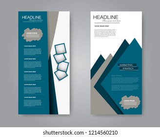 Narrow flyer and leaflet design. Set of two side brochure templates. Vertical banners. Blue color. Vector illustration mockup.