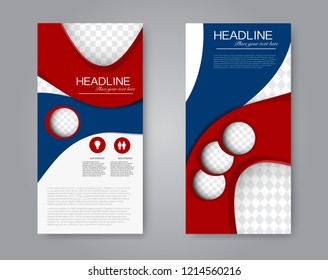Narrow flyer and leaflet design. Set of two side brochure templates. Vertical banners. Red and blue color. Vector illustration mockup.