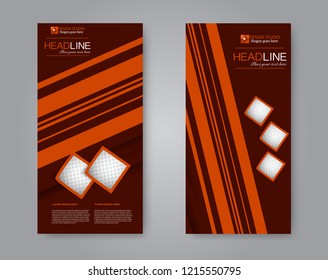 Narrow flyer and leaflet design. Set of two side brochure templates. Vertical banners. Red and orange color. Vector illustration mockup.