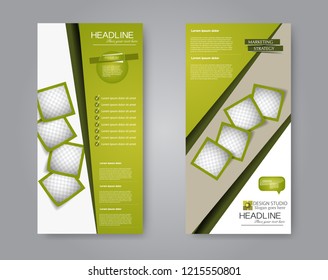 Narrow flyer and leaflet design. Set of two side brochure templates. Vertical banners. Green color. Vector illustration mockup.