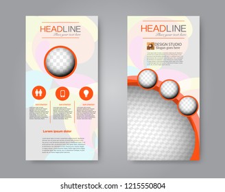 Narrow flyer and leaflet design. Set of two side brochure templates. Vertical banners. Orange colors. Vector illustration mockup.