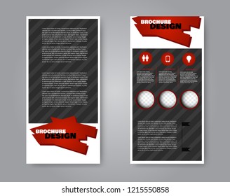 Narrow flyer and leaflet design. Set of two side brochure templates. Vertical banners. Red and black color. Vector illustration mockup.