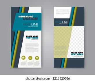 Narrow flyer and leaflet design. Set of two side brochure templates. Vertical banners. Blue and green color. Vector illustration mockup.