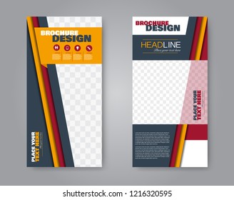 Narrow flyer and leaflet design. Set of two side brochure templates. Vertical banners. Red and orange color. Vector illustration mockup.