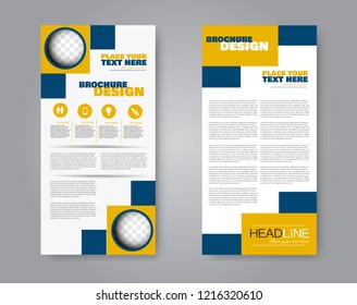Narrow flyer and leaflet design. Set of two side brochure templates. Vertical banners. Blue and orange color. Vector illustration mockup.